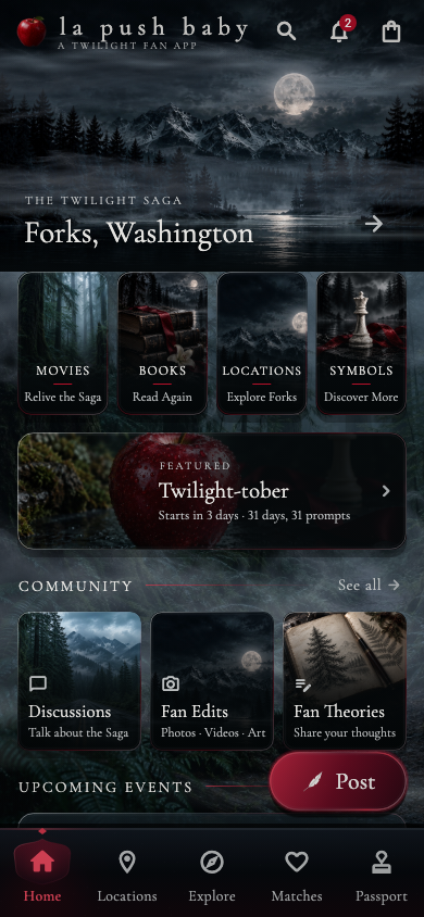 La Push Baby Home screen with a moonlit lake, saga cards, community, and crimson navigation