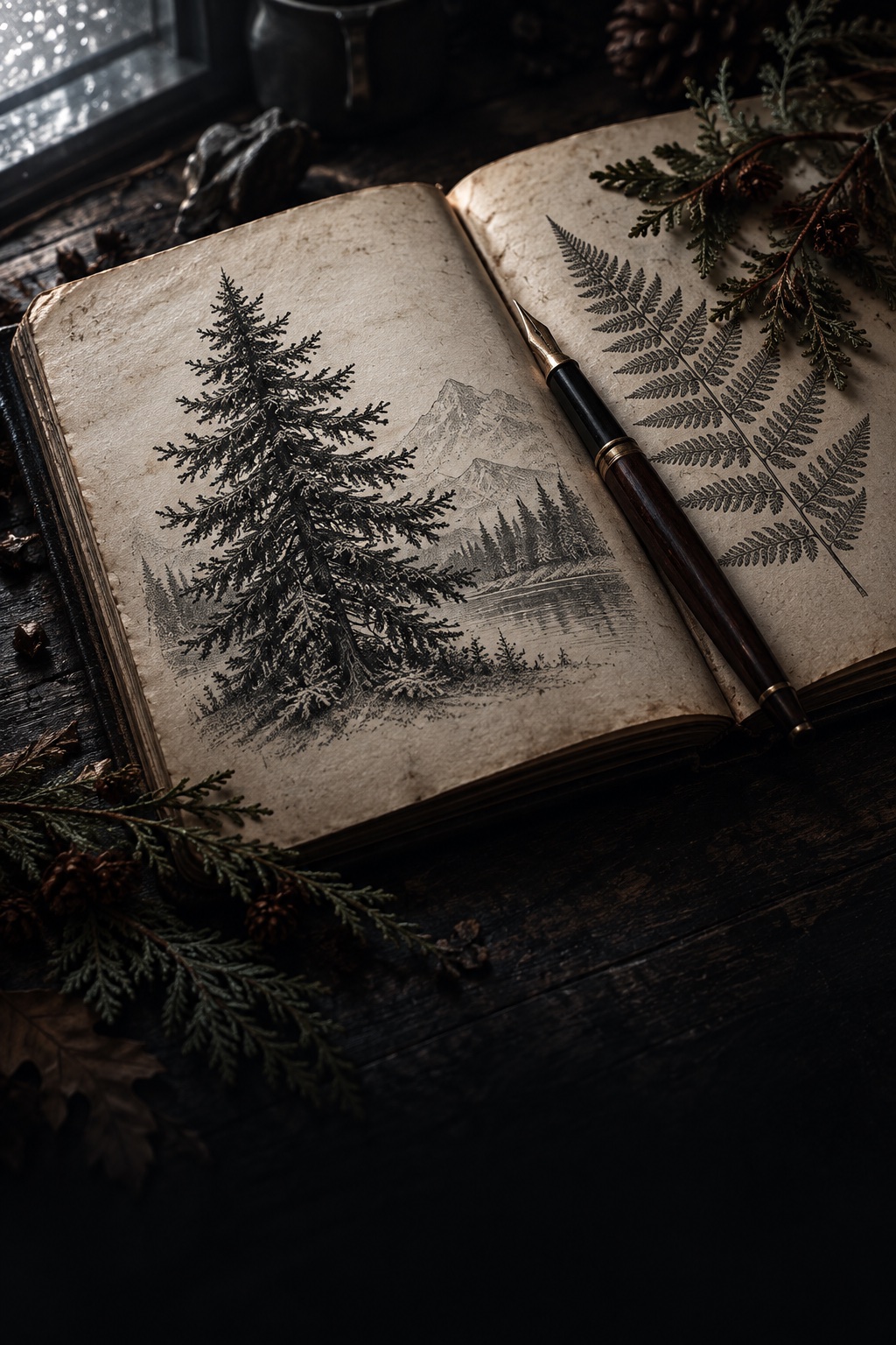An open notebook with an evergreen tree drawing