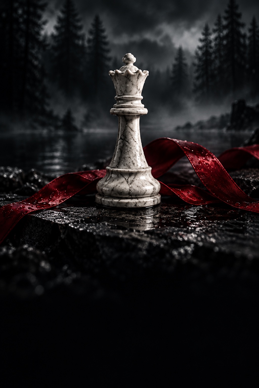 An ivory chess queen beside a deep red ribbon