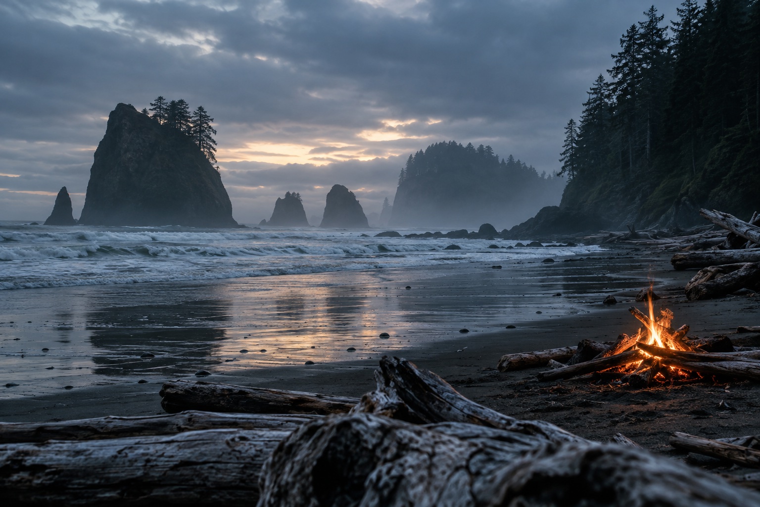 Misty Pacific Northwest shoreline with offshore sea stacks