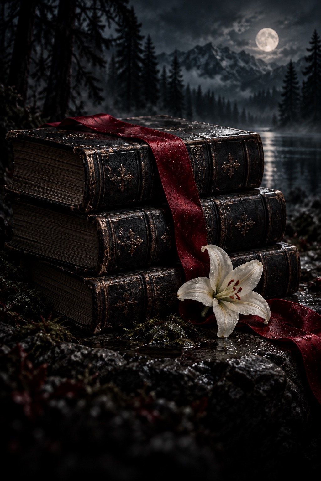 Black books with a crimson ribbon